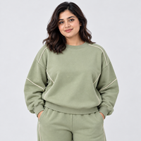 Sweat-shirt à col rond vert sauge pour femme, best-seller, épaules tombantes, manches longues, passepoil contrastant, en molleton, pour femme