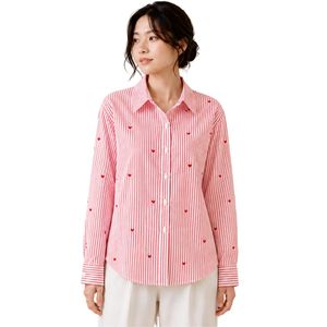 <b>Red</b> White Striped Women Button Down Shirt Long Sleeve Cotton <b>Blouse</b> Heart Embroidery Loose Fit Casual Fashion Oversized Top - Product Image 1