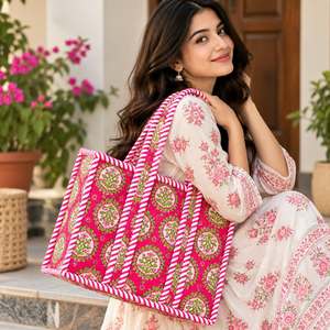 Bolsa de Mano de Lona Rosa con Ribete de Rayas Dulces y Diseño Floral, Bolsa de Compras Abierta, Diseño Moderno para Todas las Temporadas - Product Image 2