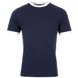Camiseta de Manga Corta Azul Marino para Hombre con Ribete en Contraste Blanco, Corte Regular, Tejido Jersey Informal, 100% Algodón, Diseño de Cuello Redondo - Product Image 1