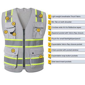 Reflective Safety Vest Men Gray V Neck Zipper Closure Breathable Polyester Work Wear with Pockets Casual Outerwear Spring - Product Image 4