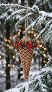 Décoration de Noël en rotin naturel, cône suspendu avec baies rouges, tressage en osier, décoration de maison pour les fêtes - Product Image 2