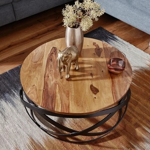 La mesa de centro circular de madera tiene un marco de metal resistente y una superficie de MDF con acabado que garantiza una excelente calidad. - Product Image 3