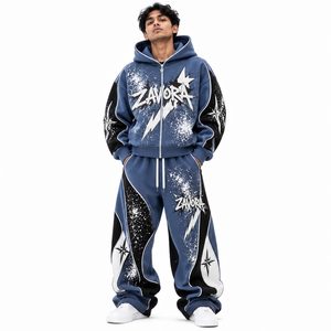 Ensemble de survêtement graphique 2 pièces bleu pour homme – Hoodie zippé et pantalon de survêtement ample avec empiècements contrastants et imprimé étoiles – Style streetwear – Fournisseur de logos personnalisés - Product Image 1