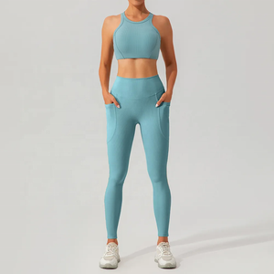 Conjunto de Yoga de 2 Piezas, Top Corto de Cintura Alta y Leggings Largos, Color Sólido, Escote Descubierto, Ropa Deportiva para Mujer - Product Image 4