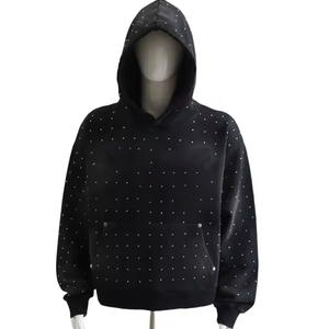 Sweat à capuche personnalisé pour homme, 260 g/m², à fermeture éclair, délavé à l'acide, uni, coupe oversize, avec logo en strass, noir, impression numérique, pour l'hiver - Product Image 2