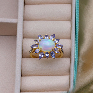 925 Sterling Silver Natural <b>Opal</b> Tanzanite & Diamond <b>Ring</b> for Women <b>Gold</b> Plated Vintage Cocktail Statement Fine Jewelry Gift - Product Image 5