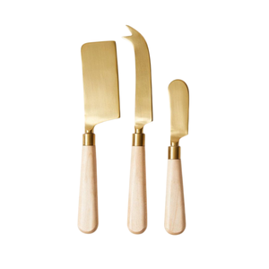 Outils à fromage artisanaux en acier inoxydable doré avec manches en bois, fourchette et couteau pour accessoires de plateau de charcuterie - Product Image 1