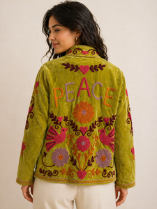 <b>Jacket</b> Brown Velvet Knitted Suzani Embroidered Letter Detail Bomber Handmade Bohemian Eco-Friendly Breathable Quilted Reversible - Product Image 2