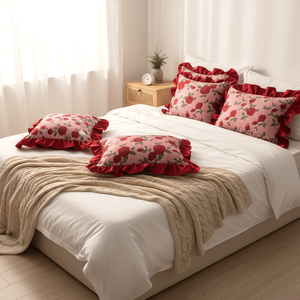 Set di 6 Federe Decorative con Volant Rosse e Bordeaux, 2x 30x50cm, 4x 45cm - Cuscini Decorativi e da Divano - Product Image 5