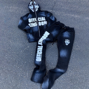 Survêtement unisexe en polaire pour homme, grande taille, hiver, uni, avec broderie et patchs effet usé, comprenant un sweat à capuche zippé et un pantalon évasé - Product Image 1