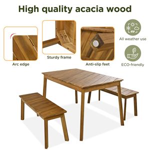Acacia Wood Dining Set 3-Piece Indoor & <b>Outdoor</b> Furniture Includes 2 <b>Benches</b> & Beer <b>Table</b> for Porch Patio or Picnic - Product Image 3