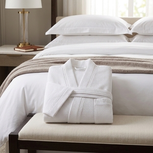 Albornoz de algodón ligero tipo kimono blanco con textura gofrada para hoteles y spas, con logotipo bordado personalizado, proveedor mayorista de lencería para spa y resort - Product Image 5