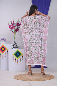 Floral Print Cotton <b>Kaftan</b> Dress Women's Loose Fit V-Neck Batwing Sleeve Midi Length Boho <b>Summer</b> Casual Wear Breathable - Product Image 2