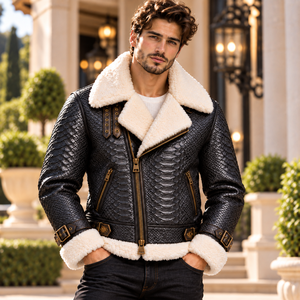 Mens Brown Snake Embossed Genuine <b>Leather</b> Breathable Silk Lining Biker Jacket Sherpa <b>Fur</b> Collar Winter Motorcycle Bomber <b>Coat</b> - Product Image 6