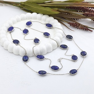 Natural Lapis Lazuli Station <b>Necklace</b> 925 Sterling Silver Bezel Set <b>Long</b> Gemstone Chain <b>Necklace</b> for Women - Product Image 2