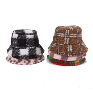 Faux Fur Checkered <b>Bucket</b> <b>Hat</b> Unisex Winter Casual Adult Style - Product Image 2