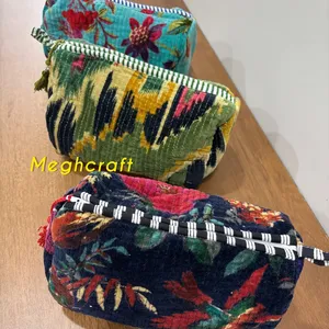 Velvet Quilted Toiletry <b>Bag</b> <b>Set</b> of 3 Block Print <b>Bags</b> Toiletry <b>Bag</b> Cosmetic <b>Bags</b> for Women Water proof Polythene with 4 Pocket - Product Image 3