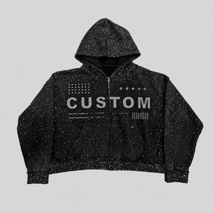 Sudadera con capucha Y2K de algodón 100% personalizada, de invierno, estilo urbano, con cuentas, bordada, desgastada, con pedrería y lavado ácido, de peso pesado, con cremallera - Product Image 6