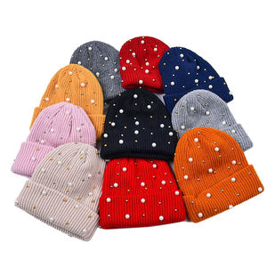 Hip Hop Winter Warm Thick Solid Color Women Ribbed Acrylic Cuffed Rivet Pearl <b>Knitted</b> <b>Beanie</b> With Pearls - Product Image 1