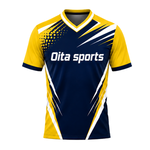 Custom Yellow Navy Blue Sublimated Volleyball Jersey Short Sleeve Athletic Team Wear Sports Shirt Competition Training Clothing - Product Image 1
