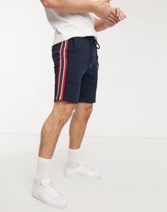 Pantalones cortos Bermuda azul marino para hombre con rayas laterales rojas y blancas, cintura con cordón, de punto casual de tiro medio - Product Image 4
