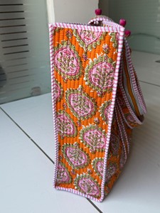 Hand Block Printed Cotton Tote <b>Bag</b> Handmade Quilted Eco-Friendly Durable Lightweight Portable <b>Large</b> Capacity Mesh Lining Zipper - Product Image 4