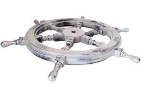 Volant de bateau en bois blanc avec poignées en aluminium, décoration murale nautique, volant marin côtier, décoration murale pour la maison, la maison de plage - Product Image 3