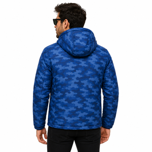 Veste matelassée à capuche camouflage bleue pour homme, imperméable, coupe-vent, isolante thermiquement, pour l'hiver, la randonnée en plein air, décontractée, fermeture éclair intégrale - Product Image 4
