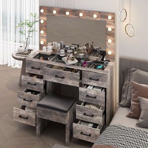 Large Lighted 12 LED Mirror Makeup Vanity Desk Set with 9 Drawers Glass Top Vanity Table with Power Outlet - Product Image 4