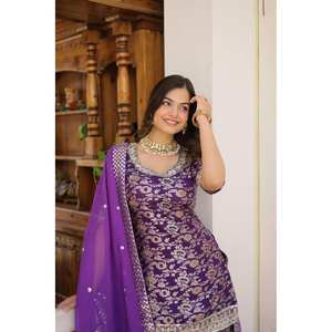 Party Wear Top-Bottom et Dupatta Set Sequins & Zari Brodé Travail Taille XL - Product Image 4