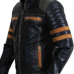 <b>Men's</b> Black Genuine <b>Leather</b> Yellow Stripe Stand Collar Zipper Closure Windproof Moto Biker Style Autumn Wear <b>Jacket</b> For Sale - Product Image 4