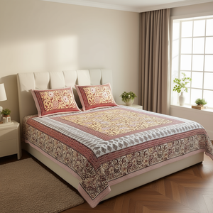Parure de lit ethnique Jaipuri 90x108 pouces en coton, drap-housse standard, taie d'oreiller et housse de couette - Product Image 3
