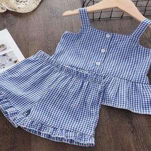 Conjunto de 2 piezas de boutique para niñas: Top asimétrico sin mangas azul real y pantalones cortos con volantes en el bajo - Product Image 1