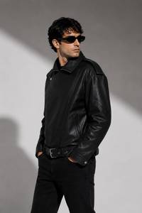 Chaqueta de Lona y Cuero Genuino para Hombre, Estilo Motociclista Vintage, Cierre de Cremallera, Cuello Camisero, Manga Larga, Chaqueta Casual de Moda - Product Image 3