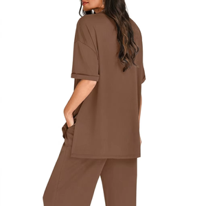 Ensemble deux pièces d'été personnalisé rose uni en velours côtelé 100% coton, séchage rapide, respirant, grande taille, tenue décontractée, tailles XS-5XL, MOQ - Product Image 5