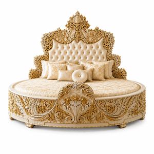 Cama Redonda King Size de Madera Maciza Tallada en Dorado, Estilo Palacio Real Moderno, con Acabado Blanco Dorado, Muebles de Dormitorio de Lujo - Product Image 2