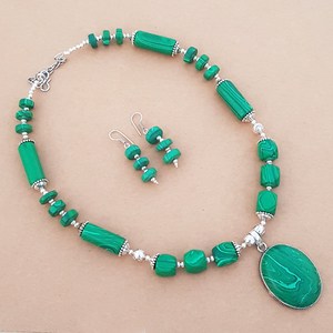 Conjunto de collar y pendientes de malaquita, joyería de piedras preciosas hecha a mano para mujer, con baño de plata, regalo al por mayor - Product Image 6