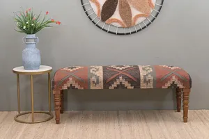 Handmade Eco-Friendly Kilim Jute Rug <b>Bench</b> Modern Ottoman Upholstered <b>Wooden</b> Seat Rustic Entryway Furniture Home Decor - Product Image 4