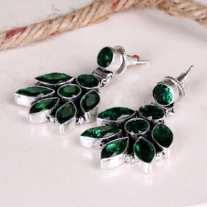 <b>Green</b> Topaz Brass Antique Silver Plated Trendy Drop <b>Earrings</b> Floral Design Wedding Jewelry Wholesale Bulk - Product Image 4