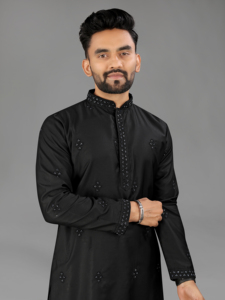 Kurta de Algodón Negro para Hombre con Bordado, Conjunto Churidar Blanco, Ropa Casual Tradicional India y Pakistaní, Largo hasta el Tobillo, Corte Regular - Product Image 2