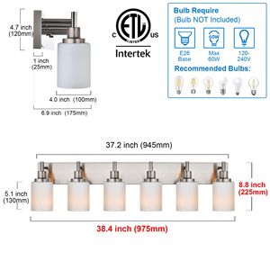 Applique murale moderne à 6 lumières pour salle de bain, avec abat-jour en verre blanc laiteux, idéale pour cuisine - Product Image 5