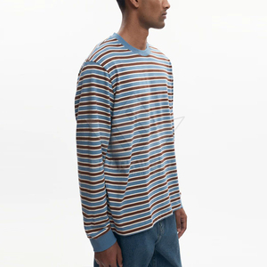 Men's Long Sleeve Striped Knitted <b>Collarless</b> Belt Closure T-<b>Shirt</b> Blue Brown Cotton Casual Breathable Spring Wear - Product Image 1