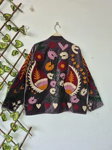 Handmade Grey <b>Velvet</b> Suzani Embroidered <b>Jacket</b> with Floral Print Full Sleeve Stand Collar Bohemian <b>Women's</b> Winter Coat - Product Image 4