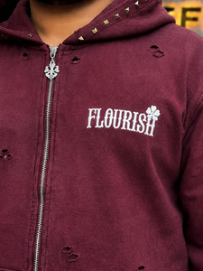 Sweat-shirt à capuche zippé pour homme, couleur bordeaux, avec clous décoratifs et fermeture éclair, style streetwear décontracté, coupe classique, en coton, effet vieilli - Product Image 2