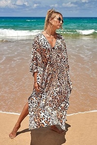 Robe maxi bohème à imprimé léopard, col rond, manches trois quarts, coupe ample, en mousseline respirante, tenue de plage estivale, robe décontractée pour femmes - Product Image 4