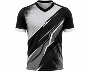 T-shirt sportif à manches courtes pour homme, motif géométrique noir et gris, col en V, séchage rapide, coupe régulière, tricoté en polyester - Product Image 1