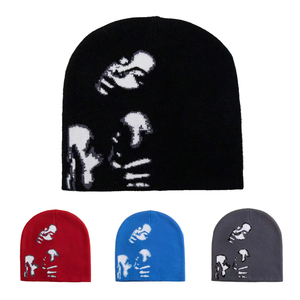 Bonnet unisexe en jacquard à motif, bonnet tricoté chaud d'hiver, style streetwear, imprimé squelette, casquette hip-hop - Product Image 6