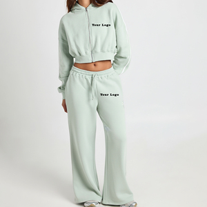 OEM/ODM Custom Made 100% Cotton Fleece Solid Color Crop Top Sweatsuit <b>Set</b> Custom Embriordery Logo Hip Hop Style Tracksuit - Product Image 1