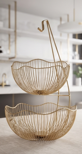 Cesta de Almacenamiento de Frutas de Dos Niveles, de Alambre Metálico Dorado, con Borde Festoneado en Forma de Pétalo, con Gancho para Colgar Plátanos, Organizador de Encimera - Product Image 5